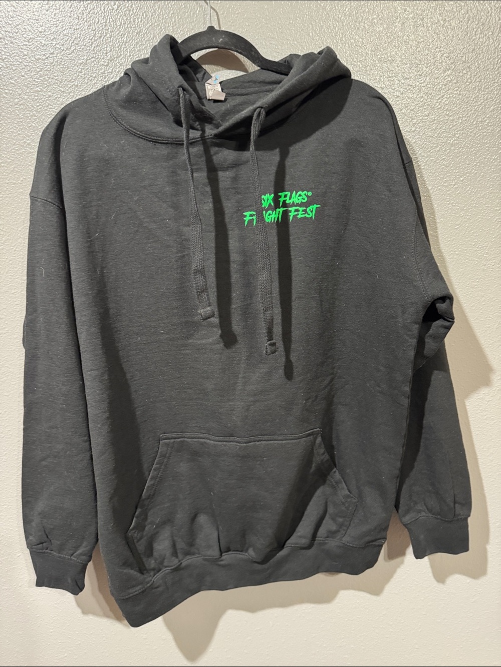 Unbranded Black Hoodie with Neon Green 'Six Flags Fight Fest' Graphic
